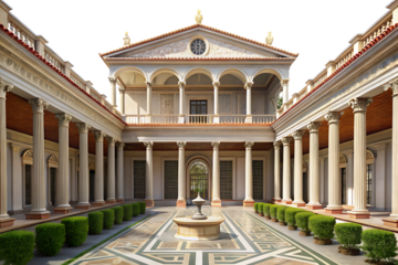 3d rendered Roman imperial palace courtyard with colonnade and fountain isolated on a transparent background