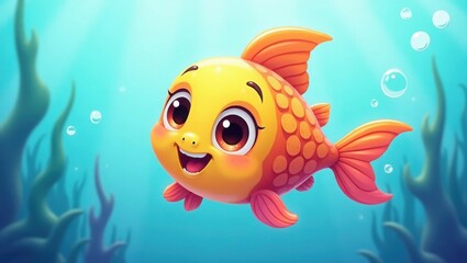 A charming and cute cartoon goldfish with a happy smile swimming in a sunlit blue ocean. An adorable aquatic character illustration representing childhood joy and innocence.