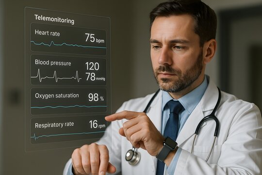 Telehealth vital signs monitoring doctor using remote patient monitoring system - Powered by Adobe