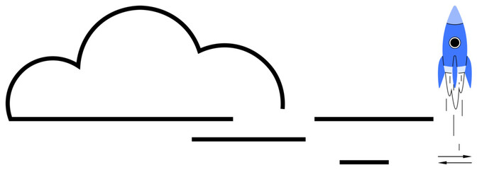 Blue rocket launching near stylized cloud outline, representing progress, ambition, creativity, startup, innovation, technology, growth. Ideal for business goal setting futuristic themes simple