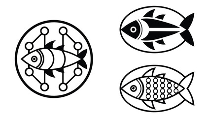 Fototapeta premium Abstract Black and White Fish Icons: Geometric, Minimalist, Modern Design Elements for Branding.