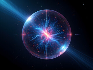 A glowing ethereal energy sphere with vibrant blue and pink plasma tendrils emanating from its core in deep space