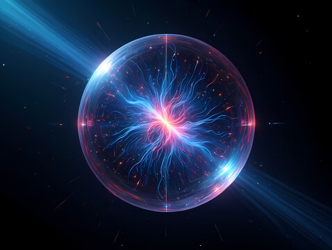 A glowing ethereal energy sphere with vibrant blue and pink plasma tendrils emanating from its core in deep space
