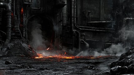 Molten metal flows through a dark, industrial complex.