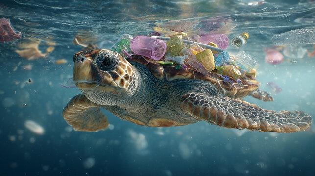 Sea Turtle Floating on Plastic Garbage in the Ocean &ndash; Realistic Pollution Awareness Image