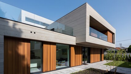 Modern concrete and wood house with large glass windows and sliding doors under a clear blue sky