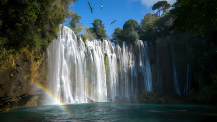 Fototapeta premium Majestic cascading waterfall surrounded by lush green foliage with a vibrant rainbow arcing through the mist on a sunny day