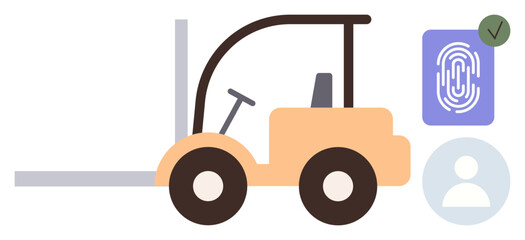 Forklift alongside fingerprint authentication system and user icon highlighting secure logistics and digital access. Ideal for technology, security, authentication, logistics, automation, warehouse