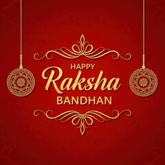 Naklejka premium Happy raksha bandhan greeting with decorative gold ornaments on a red textured background, celebrating the bond between siblings