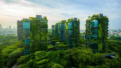 Modern city skyscrapers covered in lush green vegetation and trees creating a vertical forest