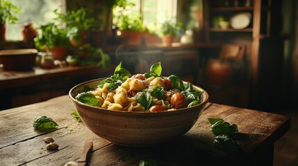A bowl of delicious pasta with fresh basil and tomatoes