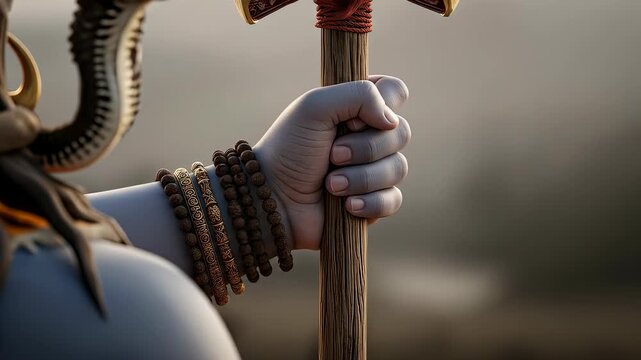 Closeup of lord shivas hand holding a trident, adorned with a snake and beads, symbolizing divine power, protection, and spiritual strength in hindu mythology