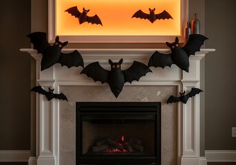 Halloween decorations with bats on a fireplace mantel create a spooky and festive atmosphere in the home for the holiday