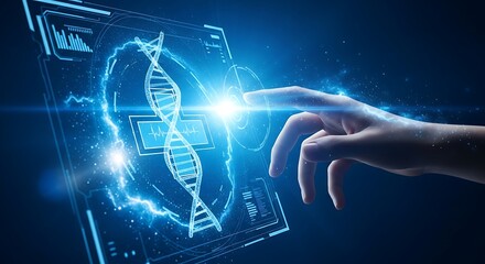 Human hand interacting with a futuristic glowing holographic DNA structure and abstract digital interface on a dark blue background.