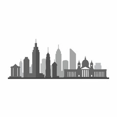 Fototapeta premium Cityscape skyline silhouette with modern skyscrapers and classical buildings. City skyline illustration includes various architectural styles, tall buildings, and historical structures.