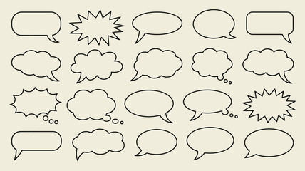 Collection of hand drawn speech bubbles and comic thought clouds, simple outline set for dialogue, messages, and text design