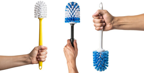 a collection of three different toilet brushes held in hands