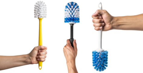 a collection of three different toilet brushes held in hands