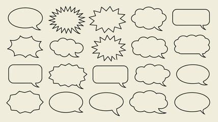 Fototapeta premium Collection of hand drawn speech bubbles and comic thought clouds, simple outline set for dialogue, messages, and text design