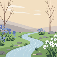 Obraz premium Serene spring landscape with winding river and blooming flowers. Peaceful countryside scene featuring lush green grass, blue and white wildflowers, and bare trees.