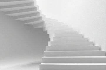A pristine, white spiral staircase ascends in a minimalist, white room