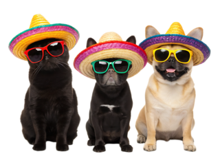 Three animals wearing sombreros and sunglasses posing together on a black background looking forward