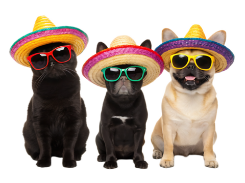 Three animals wearing sombreros and sunglasses posing together on a black background looking forward - Powered by Adobe