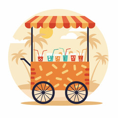 Refreshing summer drinks cart on beach with colorful beverages. Summer drinks stand with various colorful glasses and straws under striped awning.