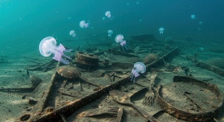 Underwater wreck site with jellyfish