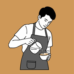 Young barista pouring coffee into a cup with professional accuracy, showcasing skilled hands in a cafe setting. Skilled barista carefully pours coffee,