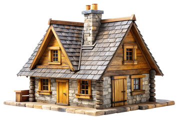 A charming small wooden and stone cottage with a shingled roof and stone chimney isolated on a transparent background