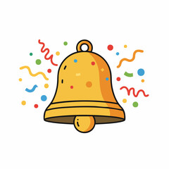 Shiny gold bell illustration with colorful confetti for festive occasions. Golden bell design showcases party decorations for celebratory moments.