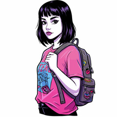 Teenage girl with backpack. Stylish teen girl in pink t-shirt and dark grey backpack.  Cute teenage girl fashion illustration for social media.