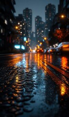 City Street at Night With Reflections on Rain-Soaked Pavement