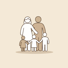 Happy family illustration with mom dad and three kids. Family portrait shows parents and children standing together.  Perfect family image for family blog, website or social media post.