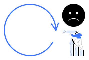 Large circular arrow, sad face symbol expressing disappointment, man on bar graphs seeking answers. Ideal for business challenges, failure, recession, problem-solving, introspection, dissatisfaction