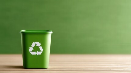 Green Recycling Bin on Wooden Surface Promoting Sustainability and Eco-Friendliness