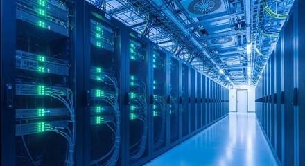 Data Center Corridor: A meticulously organized row of server racks stretches into the distance, illuminated by a cool, technological aura, symbolizing modern data storage and network infrastructure. 