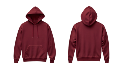 Plain maroon hoodie mockup, front and back view for branding and commercial use on transparent background