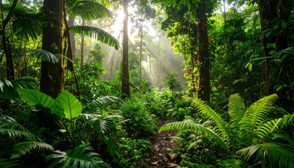 Serene Rainforest Scene with Light Rays and Exotic Plants