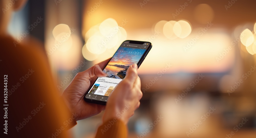 Wall mural a close-up shot of an individual using the hotel app on their phone, showcasing its user-friendly in