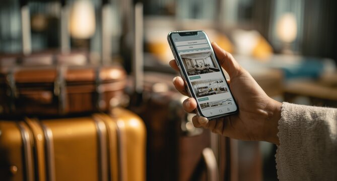 A close-up shot of an individual holding their phone, showcasing the interface for the travel app on screen The background features luggage and hotel elements in soft focus Generative AI - Powered by Adobe