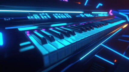 A futuristic looking musical keyboard lit with neon lights