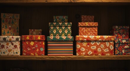 Gift boxes on wooden shelf
