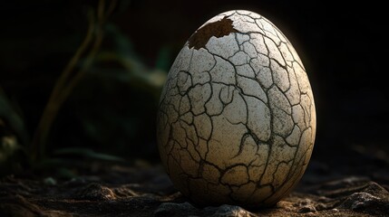 A cracked eggshell rests in dirt with a blurred background