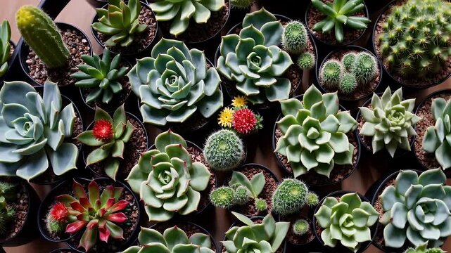 A colorful collection of succulent varieties aloe echeveria haworthia and more spread across a garden bed from a top down view illustrating biodiversity in indoor gardening and tropical plant
