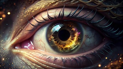 Close-Up of a Human Eye with Gold and Pink Textural Accents