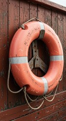 Orange life preserver on wood