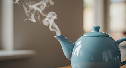 Light-blue teapot steaming