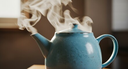 Steaming blue teapot